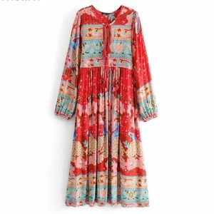 Gypsy Ruby Lotus long sleeve boho peasant dress midi floral red tassels ties M